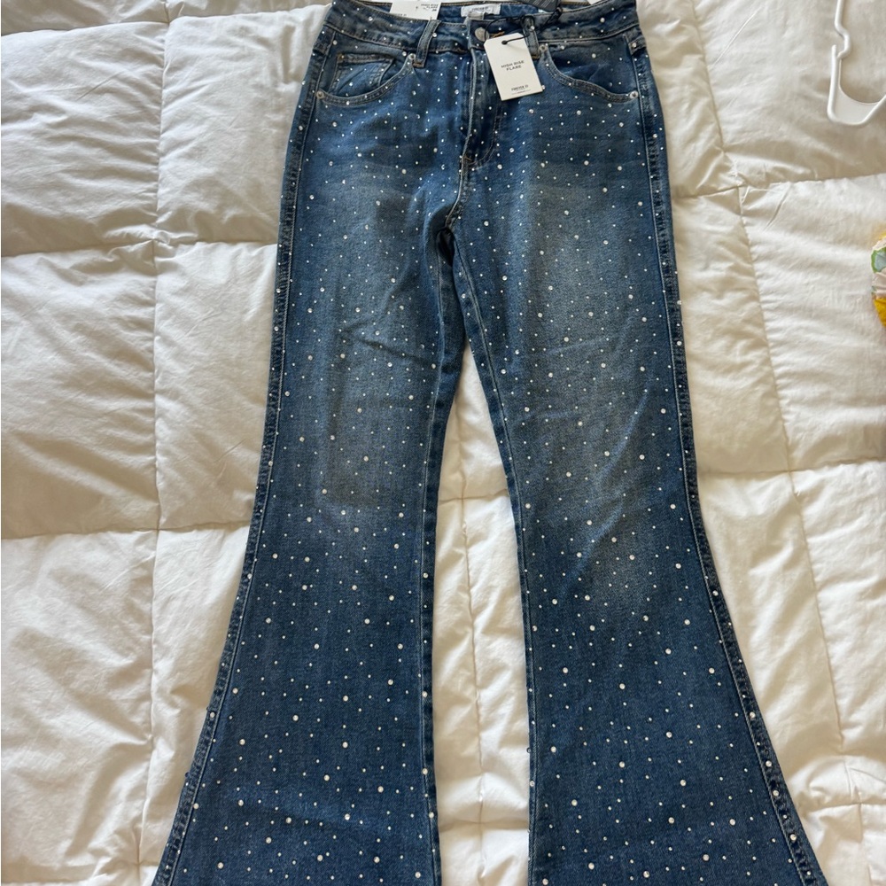 Forever 21 Dark Blue Flare Jeans with diamond Studs